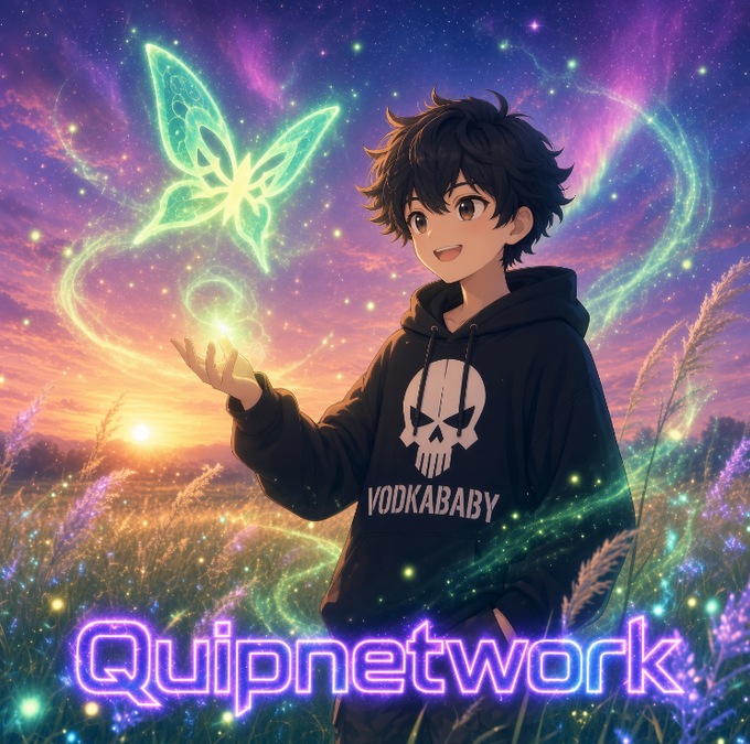 An anime-style illustration depicts a young man in a black 'VODKABABY' skull hoodie reaching toward a glowing butterfly, with 'Quipnetwork' written in neon text below.