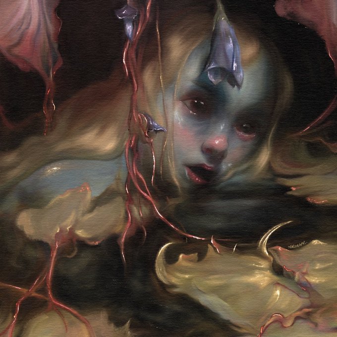 A dark, surreal digital painting portrays a pale, melancholic figure with horns, surrounded by large floral or fungal shapes and hanging vines.