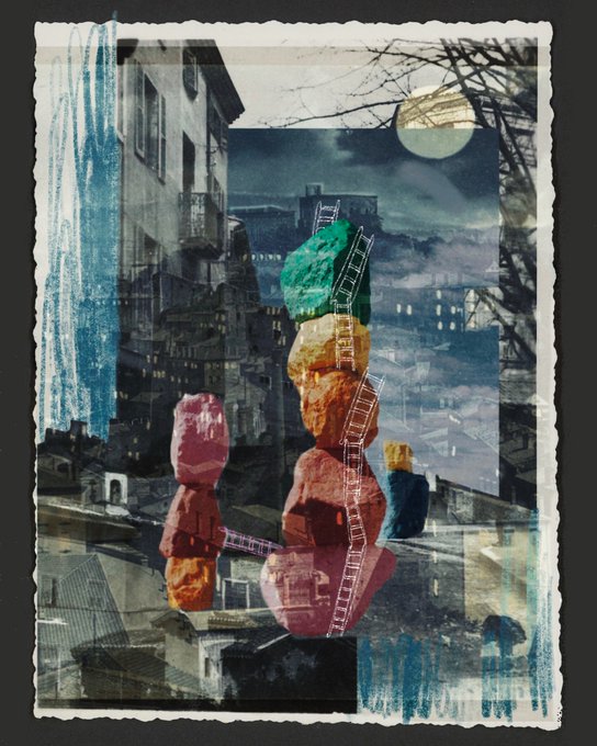 A mixed-media collage artwork featuring a stylized figure with stacked colorful rock-like heads (teal, yellow, red, blue) overlaid on a blue-toned cityscape with ladders, set within a torn paper border.