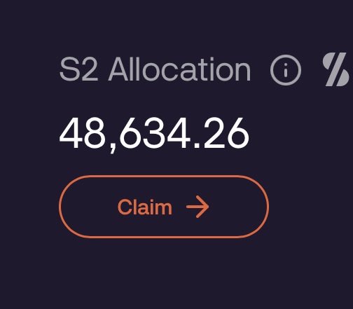 A dark-themed interface showing an 'S2 Allocation' of 48,634.26 with an orange 'Claim' button.