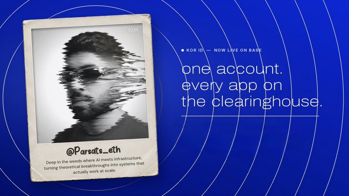 A promotional graphic for KOR ID on Base featuring a distorted photo card of @Pars0ts_eth with text reading 'one account, every app on the clearinghouse.'