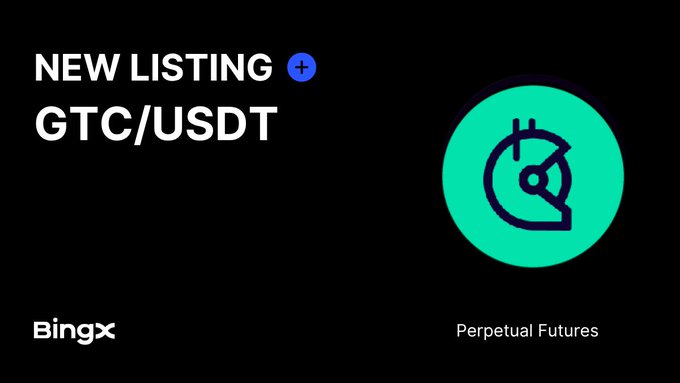 A black announcement graphic from BingX exchange for a new listing of GTC/USDT Perpetual Futures, featuring a teal circular logo with a gauge/dial icon.