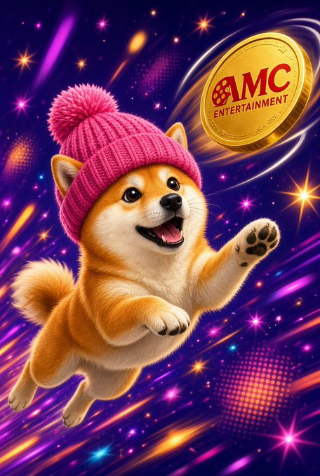 An AI-generated image of a smiling Shiba Inu dog wearing a pink beanie, floating through a vibrant cosmic background while reaching toward a golden coin labeled "AMC ENTERTAINMENT."
