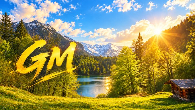 A scenic mountain landscape with a lake, forest, and sunset, featuring the stylized yellow text "GM" in the foreground.