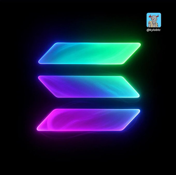 The image features three glowing, neon-lit trapezoidal bars stacked vertically, each displaying a vibrant gradient of blue, green, purple, and pink against a black background, visually echoing the "stacking" of Solana's uptime milestones. The watermark "@kylobtc" appears in the top right corner, attributing the design that accompanies the post celebrating $SOL's record 888 days without a network outage.