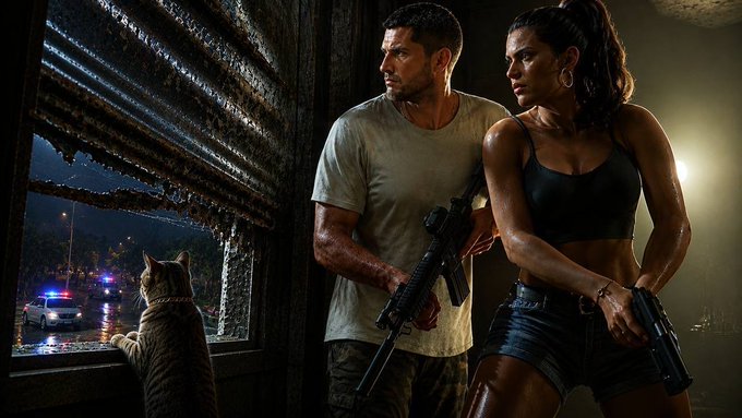 A cinematic still showing a man with a rifle and a woman with a handgun standing tensely next to a cat looking out a rain-streaked window at police car lights flashing outside at night.