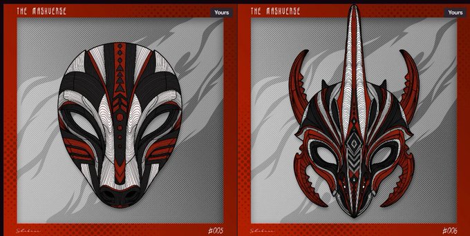 Two trading card-style illustrations of stylized tribal masks labeled 'THE MASQUERADE' #005 and #006, featuring black, white, and red designs.