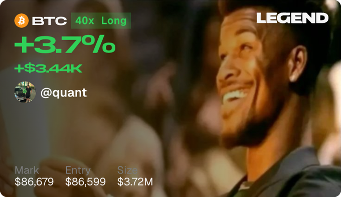 A crypto trading promotion featuring a smiling man in the background, with text showing 'BTC 40x Long +3.7% +$3.44K' and trade details: Mark $86,679, Entry $86,599, Size $3.72M, credited to user @quant on the 'LEGEND' platform.