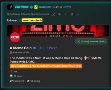 A screenshot of Vlad Tenev's (@vladtenev) X profile shows he recently followed the @amemecoinh account, displaying A Meme Coin's profile banner and ticker $MEME, which is paired with $AMC, confirming the CEO's follow that preceded a market cap surge from 30M to 120M.