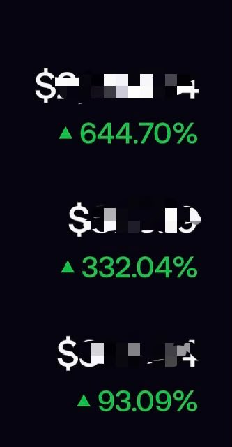 A dark screen displays three redacted stock/crypto tickers each showing an upward green triangle with high percentage gains: 644.70%, 332.04%, and 93.09%, supporting the poster's claim of strong returns on PONS-family tokens, including a referenced 23x gain on Brodie.