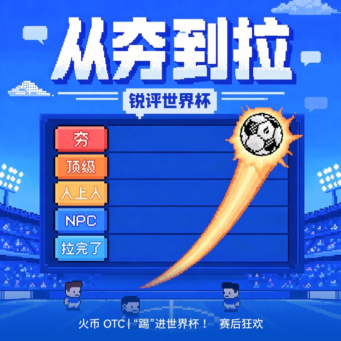 A pixel-art style HTX (火币) promotional graphic titled '从夯到拉' (From Awesome to Trash) with a World Cup/Rui Ping World Cup theme, featuring a tier list (穷, 顶级, 人上人, NPC, 拉完了) and the caption '火币OTC「踢」进世界杯！赛后狂欢'.