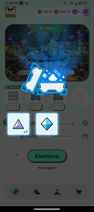 iphone screen displays a game interface with three blue triangles, two purple ones, and a green "Continue" button.
