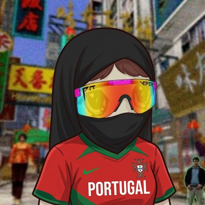 The image features a cartoon character wearing a red shirt with "Portugal" written on it. This character has sunglasses and a black headscarf or hood over her head, giving her a unique appearance. The background of the image shows a street scene with people walking by, indicating that this is an urban setting. There are also some buildings visible in the background. The post includes text that reads "Good morning frens Today I feel Portuguese Study @sleepagotchi". This suggests that the character might be wearing a shirt related to Portugal or studying the language, and she is feeling a sense of connection with her surroundings.