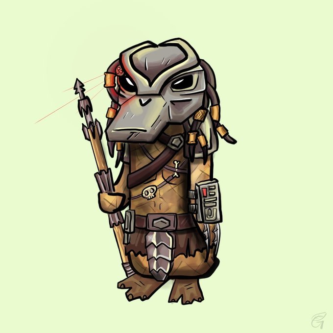 A cartoon illustration of an anthropomorphic duck warrior wearing a metallic helmet and armor, holding a spear with a skull accessory on its belt.