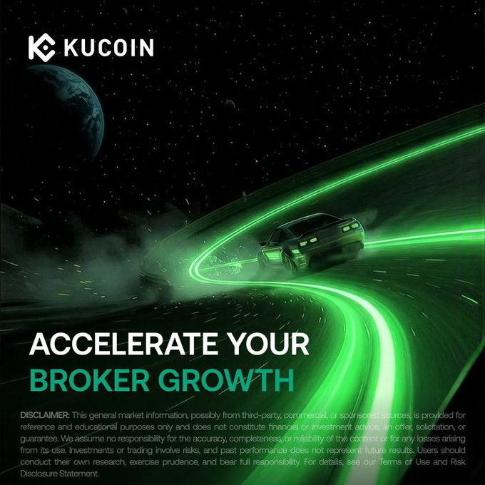 A KuCoin promotional graphic features a car speeding along a neon green light trail through a cosmic scene with a planet, alongside the tagline "ACCELERATE YOUR BROKER GROWTH" and a disclaimer noting the information is for reference and educational purposes only, supporting the XDC Futures Trading Carnival campaign with its 500,000 XDC prize pool.