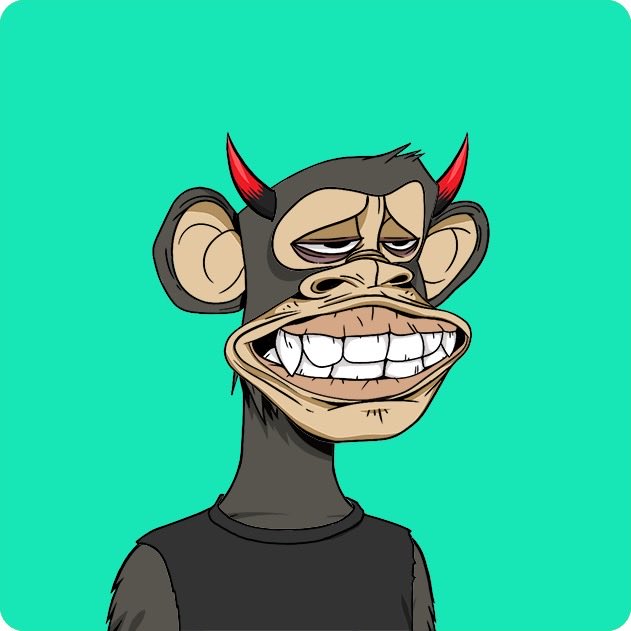 A cartoon illustration of a mischievous monkey with red devil horns, a smug grin, and large teeth, set against a teal background—humorously representing the speaker's "final form" after setting out to buy a Bored Ape NFT.