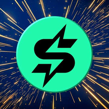 A graphic featuring a teal circle with a stylized black 'S' logo intertwined with a lightning bolt, set against a blue background with radiating golden sparks.