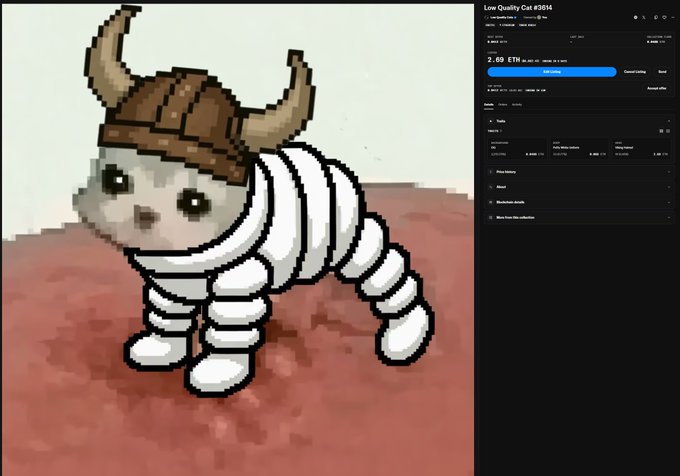 A digital painting of a cute white segmented creature wearing a brown horned viking helmet, displayed next to a digital marketplace interface listing it as 'Low Quality Cat #0614' for '2.69 ETH'.