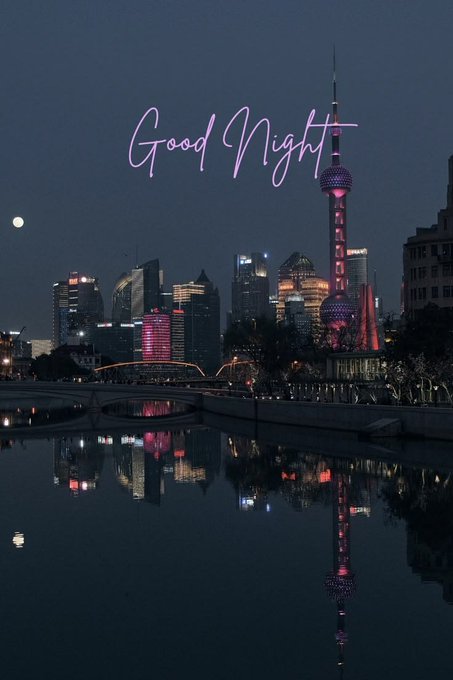 A nighttime cityscape, likely Shanghai's Pudong district featuring the Oriental Pearl Tower, reflected in water with the words 'Good Night' written in pink neon-style script.
