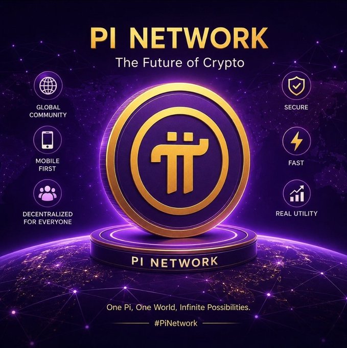 A promotional graphic for 'PI NETWORK - The Future of Crypto' featuring a gold coin with the Pi symbol on a purple cosmic background, highlighting features like Global Community, Mobile First, Decentralized for Everyone, Secure, Fast, and Real Utility.
