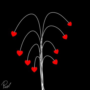 Digital illustration of a fireworks display with red hearts bursting outward on a black background, signed "Pink" in the lower left.