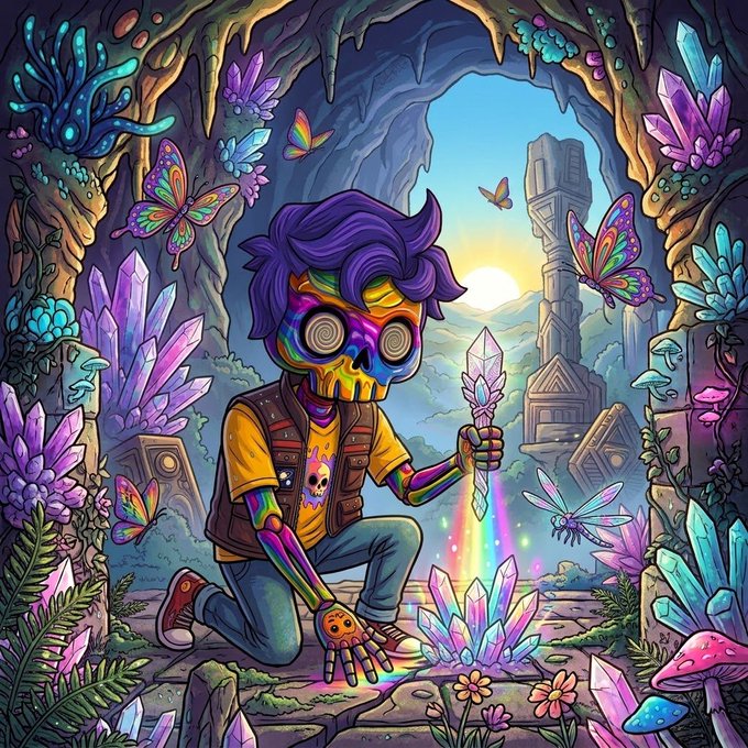 A colorful digital illustration of a figure with a rainbow-colored skull face and swirling eyes, kneeling in a crystal-filled cave while holding a glowing crystal that emits a rainbow beam.