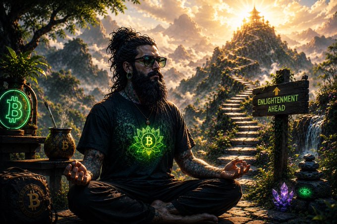 A bearded man with tattoos and sunglasses meditates in a lotus position wearing a t-shirt featuring a glowing Bitcoin logo, with a neon Bitcoin sign and a sign reading 'ENLIGHTENMENT AHEAD' pointing toward a mountain path.