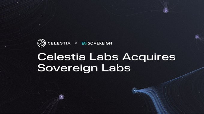 Dark promotional graphic with logos for Celestia and Sovereign, announcing 'Celestia Labs Acquires Sovereign Labs' against a cosmic network visualization.