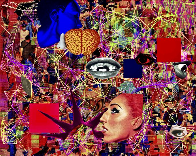 A chaotic, vibrant digital collage featuring a blue-tinted profile of a face, a brain, lips, an eye, and another face on a background of neon lines and colorful urban imagery.