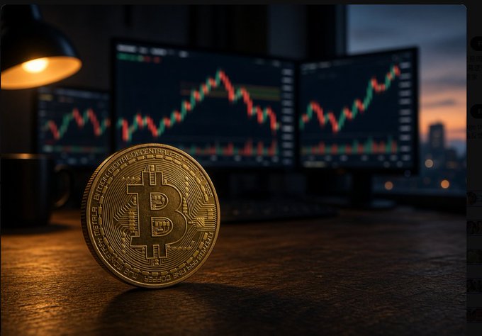A physical Bitcoin coin standing on a wooden surface in front of multiple computer monitors displaying green and red trading charts at dusk.
