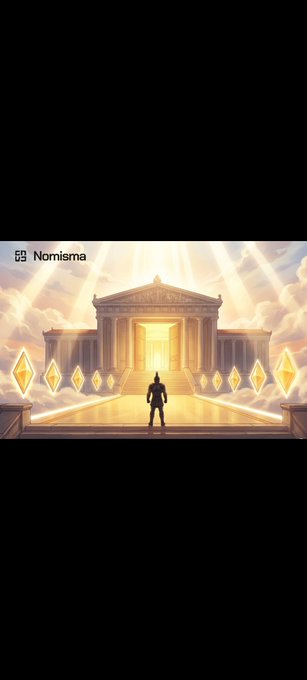 Digital illustration from Nomisma showing a silhouetted figure walking toward a glowing golden temple flanked by floating Ethereum diamond symbols.