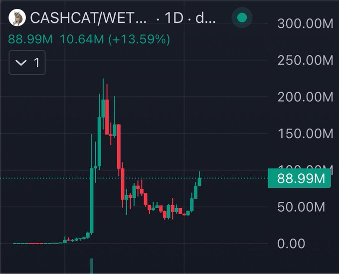A daily price chart for the $CASHCAT/WETH trading pair shows a sharp pump to ~225M followed by a steep crash to current levels around 88.99M (+13.59% on the day), illustrating the "dead cat bounce" concern as the token attempts a minor recovery after its collapse.