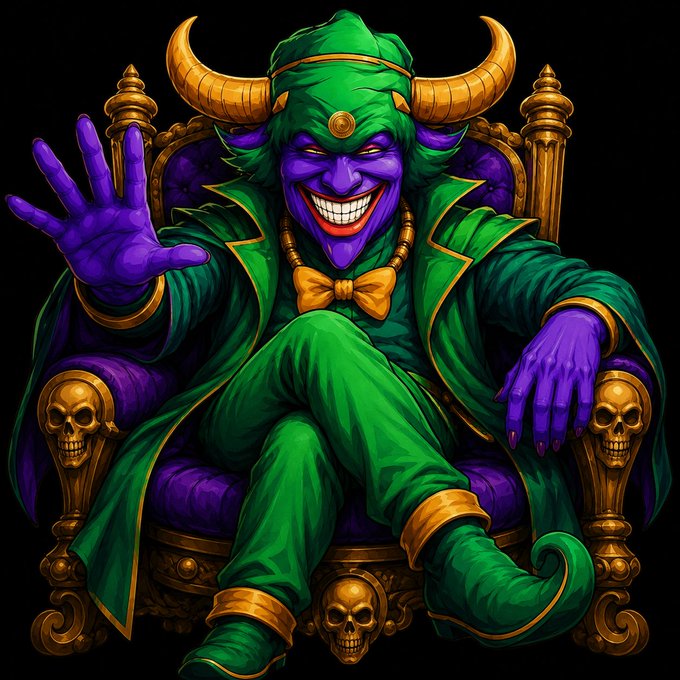 A menacing yet cartoonish jester with purple skin, golden horns, and a wide toothy grin lounges on a throne decorated with skulls, dressed in a green and gold royal outfit with an oversized bow tie. The image perfectly matches the post's playful and theatrical "Weekend in the court" theme, portraying the BitTorrentJester ($BTTJ) meme coin as a smug, untouchable ruler turning serious conversations into royal amusement.