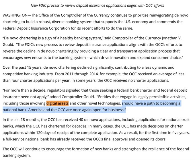 A press release from the OCC (Office of the Comptroller of the Currency) announces a new FDIC process for reviewing deposit insurance applications aimed at reviving de novo bank chartering, with Comptroller Jonathan V. Gould highlighting that digital asset firms and fintechs now have a clearer path to becoming national banks. The image directly supports the post's claim that U.S. regulators are opening doors for crypto firms like XRP to integrate into the traditional banking system as federally chartered national banks.