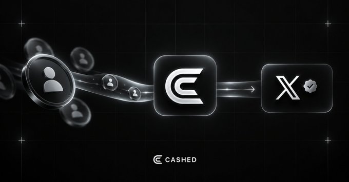 A black promotional graphic showing user profile icons flowing into a 'C' logo labeled 'CASHED,' which then points to an 'X' icon with a verification checkmark.