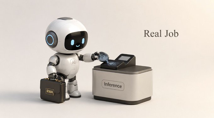 A small white robot labeled "AI" with a briefcase marked "RWA" stands next to an "Inference" machine, with the text "Real Job" displayed beside it—symbolizing AI agents evolving beyond memecoin trading into genuine economic activity like the x402 payment spike mentioned in the post.