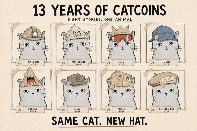 An infographic titled '13 YEARS OF CATCOINS - EIGHT STORIES. ONE ANIMAL.' displays eight cats wearing different hats representing catcoins: Catcoin (2013), Monacoin (2014), Mog (2023), Toshi (2023), Popcat (2023), Mew (2024), Michi (2024), and Simon's Cat (2024), with the tagline 'SAME CAT. NEW HAT.'