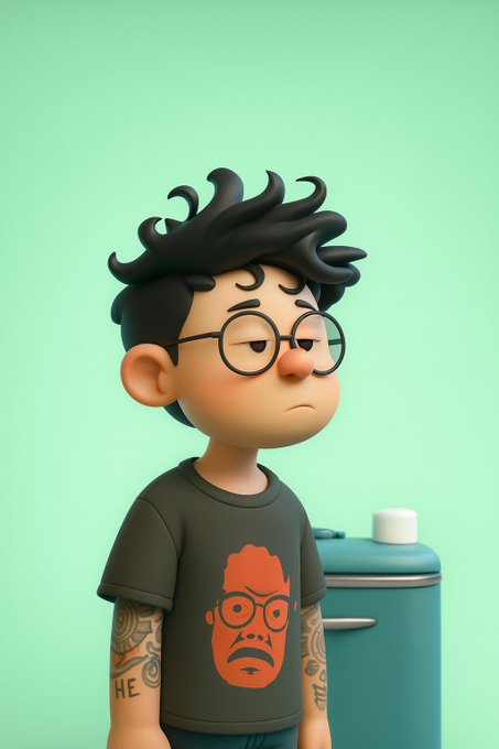 A 3D-rendered cartoon boy with messy black hair, round glasses, a grumpy expression, and a t-shirt featuring a face, standing next to a teal cabinet.