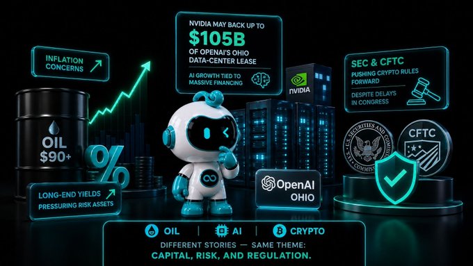 The image features a futuristic AI robot character surrounded by glowing neon panels highlighting key market themes: "Inflation Concerns" with an oil barrel marked "OIL $90+", "Long-End Yields Pressuring Risk Assets," a headline reading "Nvidia May Back Up to $105B of OpenAI's Ohio Data-Center Lease — AI Growth Tied to Massive Financing," and "SEC & CFTC Pushing Crypto Rules Forward Despite Delays in Congress," with the tagline "Oil | AI | Crypto — Different Stories, Same Theme: Capital, Risk, and Regulation."