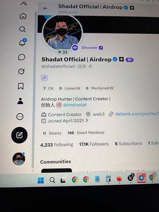 The image shows a Twitter/X profile page for "Shadat Official | Airdrop" (@shadatofficial1) displaying 17.1K followers, alongside a caption celebrating reaching the 17,000 follower milestone and emphasizing community engagement over raw numbers. The screenshot serves as visual proof of the achievement mentioned in the accompanying post, highlighting stats like 4,233 following, 748 Smart Mentions, and the "Airdrop Hunter | Content Creator" tagline.