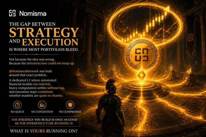 A promotional graphic for 'Nomisma' featuring a warrior figure facing a glowing golden cryptocurrency emblem and ascending chart, with text: 'THE GAP BETWEEN STRATEGY AND EXECUTION IS WHERE MOST PORTFOLIOS BLEED.' and tags @NomismaNetwork, NO QUEUE, NO CONGESTION, NO COMPROMISE.