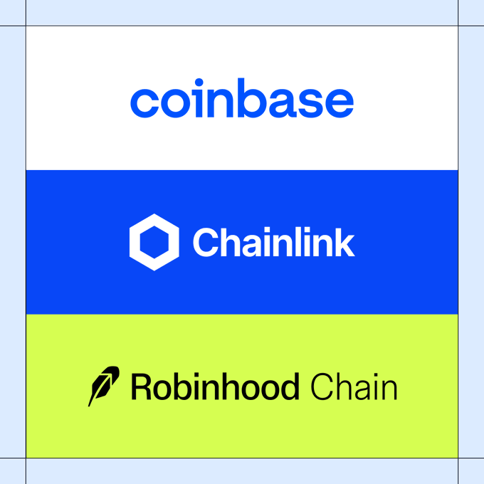 A graphic showing three cryptocurrency/finance platforms stacked vertically: Coinbase (white), Chainlink (blue), and Robinhood Chain (yellow-green).