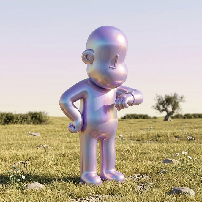A glossy, iridescent purple and silver cartoon figurine stands in a grassy field holding a small bottle, with an olive tree in the background.