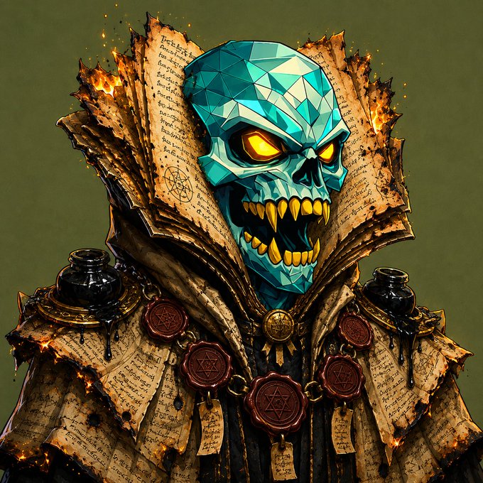 A menacing demonic figure with a geometric turquoise skull face, glowing yellow eyes, and sharp fangs emerges from a robe of burnt, parchment-like scrolls marked with occult symbols and pentagrams. Dark vials and wax-sealed medallions featuring six-pointed stars adorn the garment, with ember-like flames licking the edges of the crumbling pages.