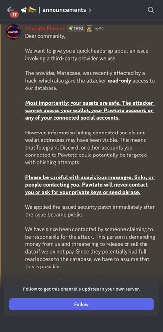 A Discord announcement from Pawtato Finance warning the community about a third-party provider hack involving Metabase, assuring users that assets are safe but warning of potential phishing attempts.