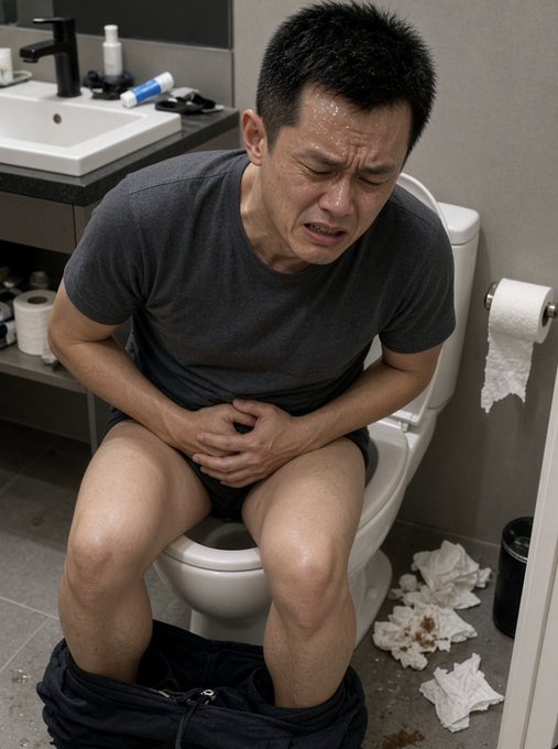 A man in a dark gray t-shirt sits on a toilet in a bathroom, appearing to be in significant pain while clutching his stomach, with used toilet paper scattered on the floor beside him.