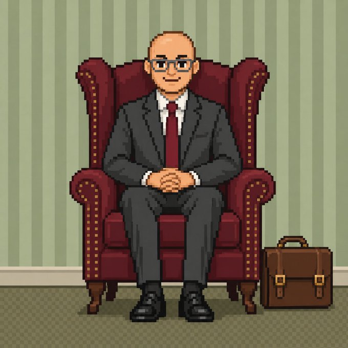 Pixel art illustration of a bald businessman in a suit and red tie sitting in a red armchair with a briefcase beside him.