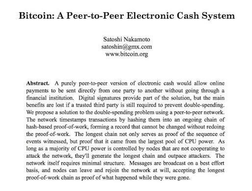 The image shows the abstract page of Satoshi Nakamoto's 2008 Bitcoin whitepaper titled "Bitcoin: A Peer-to-Peer Electronic Cash System," which establishes Bitcoin's foundational design as a decentralized electronic cash system. This relates to the post, which emphasizes agreement with Bitcoin's core purpose as peer-to-peer electronic cash as originally designed by Satoshi Nakamoto, independent of alignment with any particular contemporary figures.