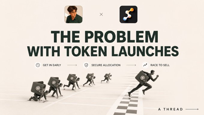 A thumbnail titled 'THE PROBLEM WITH TOKEN LAUNCHES' featuring a runner sprinting ahead of competitors carrying heavy locks, with steps labeled 'GET IN EARLY', 'SECURE ALLOCATION', and 'RACE TO SELL' for a thread.