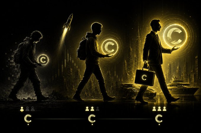 The image illustrates a three-stage progression of a "C" cryptocurrency, depicting silhouettes transitioning from a humble original holder (with a rocket symbolizing early moon missions), to a modern investor with a briefcase, to a wealthy latecomer alongside luxury yachts and city skylines, visually echoing the post's timeline of "$CC OGs vs 2026 entrants vs 2030 latecomers."